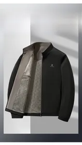Detail of men's stand collar jacket lining with logo print and windproof material