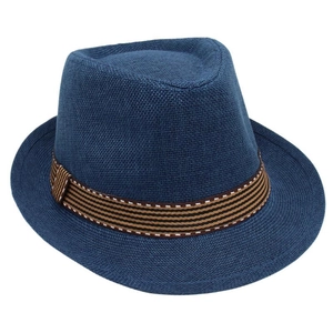 Close-up of a navy woven fedora hat with a striped brown grosgrain ribbon detail