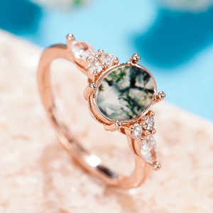 Vintage rose gold moss agate ring with marquise zircon accents for women