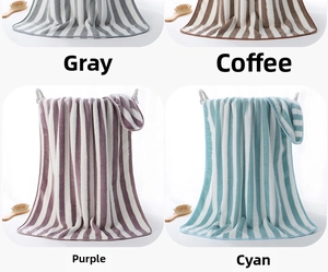 Detailed texture of thick coral fleece bath towels in grey, coffee, purple and cyan colors