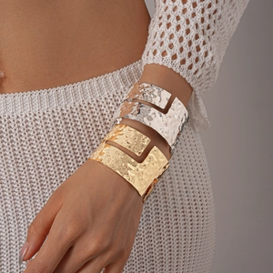 Irregular geometric textured metal cuff bracelets in gold and silver for women