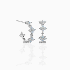 Detail of flower-shaped earrings with silver finish and white opal zircons on reflective base