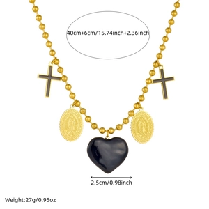 Gold-plated bead necklace with black cross, heart and Virgin Mary oval pendants