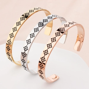 Vintage Stainless Steel Open C-Shaped Bangle Bracelet For Men Women Retro Geometric Rhombus Pattern Plated Jewelry Wristband