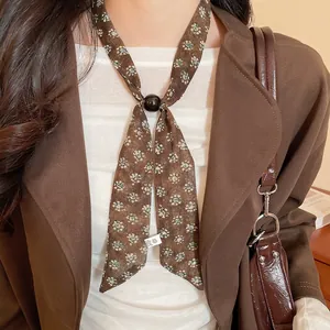 Vintage floral chiffon scarf necklace with brown resin ring buckle for a stylish neck look