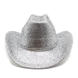 Detailed view of silver sequined cowboy hat featuring shimmering metallic finish texture