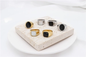 Minimalist stainless steel signet rings with shell and onyx inlays on stone display