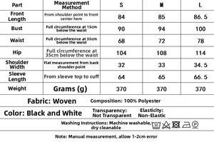Detailed size chart for the elegant long-sleeve tie-waist dress in black and white