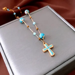 Kreuzanhänger Halskette Kupfer Perlen Retro Religiöser Schmuck Damen Türkis Stil Stein Straßsteine