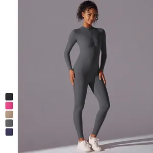 Women Sexy Zip Up Long Sleeve Yoga Jumpsuit Slim Fit Athletic Bodysuit For Fitness Dance Sports One Piece Unitard