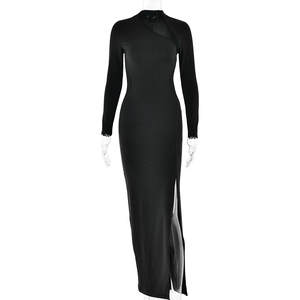 Robe longue noire élégante à manches longues avec mesh et fente latérale haute