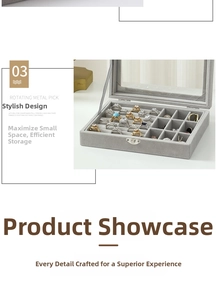 Detail of gray velvet jewelry box with glass lid and multiple ring storage slots