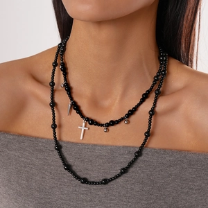 Double Layer Black Glass Beaded Necklace With Alloy Cross And Spike Pendants Gothic Punk Dark Style For Women