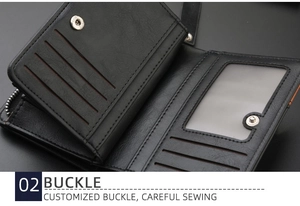 Detail of men's leather wallet interior showing multiple card slots and metal buckle
