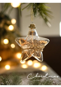 Star-shaped clear Christmas ornament with wooden snowflake and inner raffia filler detail