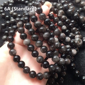 Macro detail of 6A grade polished black obsidian beads for DIY jewelry making