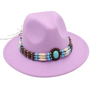 Detail of lavender felt fedora hat with turquoise bead band in ethnic bohemian style