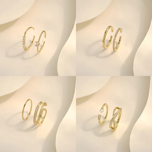 Elegant gold-plated adjustable ring set with white zircons, pearls and enamel accents