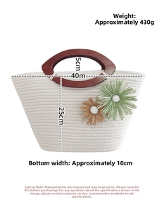 Detailed size specifications for the flower woven tote bag with wooden handles
