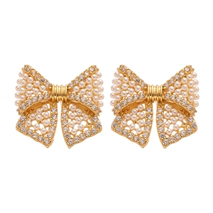 Elegant gold bow earrings with imitation pearls and sparkling zircon stones for women