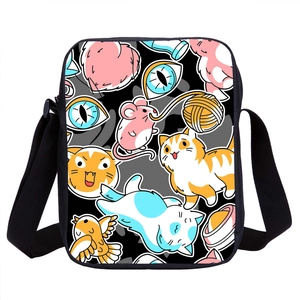 Colorful cartoon cat and mouse pattern shoulder bag for students on white background