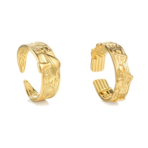 Minimalist golden C-shape titanium steel ring with floral and musical note engravings