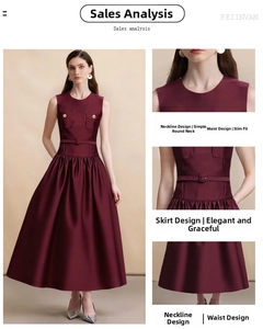 Détails de la robe en satin bordeaux sans manches avec ceinture et boutons dorés