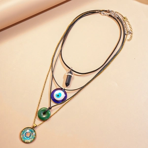 Collier multi-rangs rétro avec pendentifs œil maléfique et pierre sur chaînes vintage