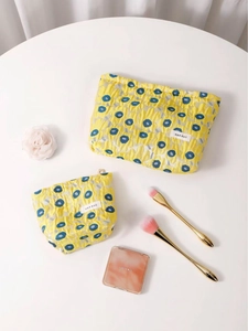 Floral jacquard cosmetic bag set in bright yellow with blue flower embroidery