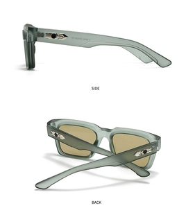 Detail view showing side and back angles of matte green sunglasses with arrow temple accents