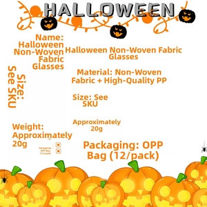 Detail specifications of Halloween non-woven glasses showing size weight and material info
