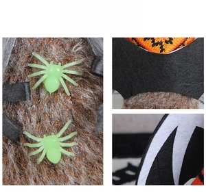 Close-up of brown plush fur with neon green plastic spiders and knitted fabric details