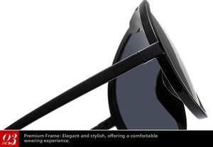 Detail view of the hinge and black frame construction on stylish oversized sunglasses