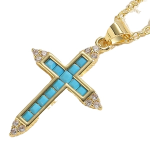 14K gold plated cross pendant necklace with blue zircon stones and fine gold chain
