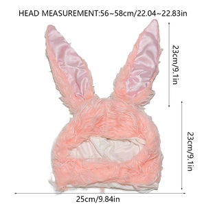 Detailed view of pink plush bunny hat with long ears and satin lining specifications