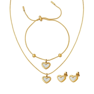 Three-piece gold titanium heart jewelry set with white shell inlay, necklace and bracelet