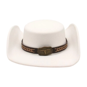 White felt cowboy hat featuring a brown braided leather band and vintage bull head buckle