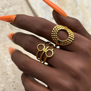 Stainless Steel Adjustable Open Rings Set Geometric Irregular Wave Textured Hollow Circles Minimalist Fashion Jewelry