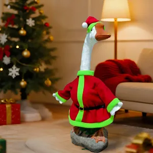 Goose figurine in Santa Claus outfit and hat standing on stone base in festive decor