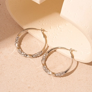 Detailed view of silver twisted hoop earrings featuring sparkling pave-set cubic zirconia