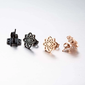 Vintage lotus cutout stud earrings in polished black and rose gold finish for women