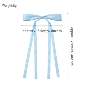 Sky blue satin bow hair clip with long elegant ribbons for girls, weight 8g