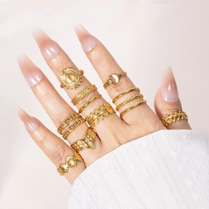 Vintage Titanium Stainless Steel Gold Plated Open Adjustable Rings Bohemian Sun Moon Heart Star Leaf Geometry Jewelry For Women