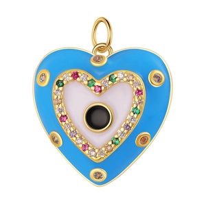 Detail of gold heart pendant with blue enamel evil eye and multicolored zircons