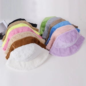 Winter plush faux rabbit fur bucket hats shown in various solid colors for women