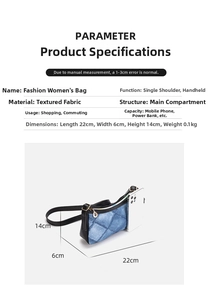 Detail specifications of denim shoulder bag showing 22x6x14cm size and lightweight design