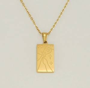 Detailed close-up of 18K gold-plated stainless steel necklace with Aquarius tarot pendant