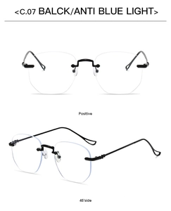 Detail view of black rimless glasses frame with anti-blue light lenses shown from two angles