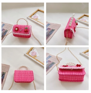 Pink tweed mini bag detail with pearl handle and floral accents from multiple angles