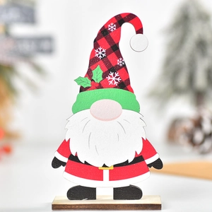 Wooden Christmas gnome tabletop ornament with red plaid hat and snowflake pattern